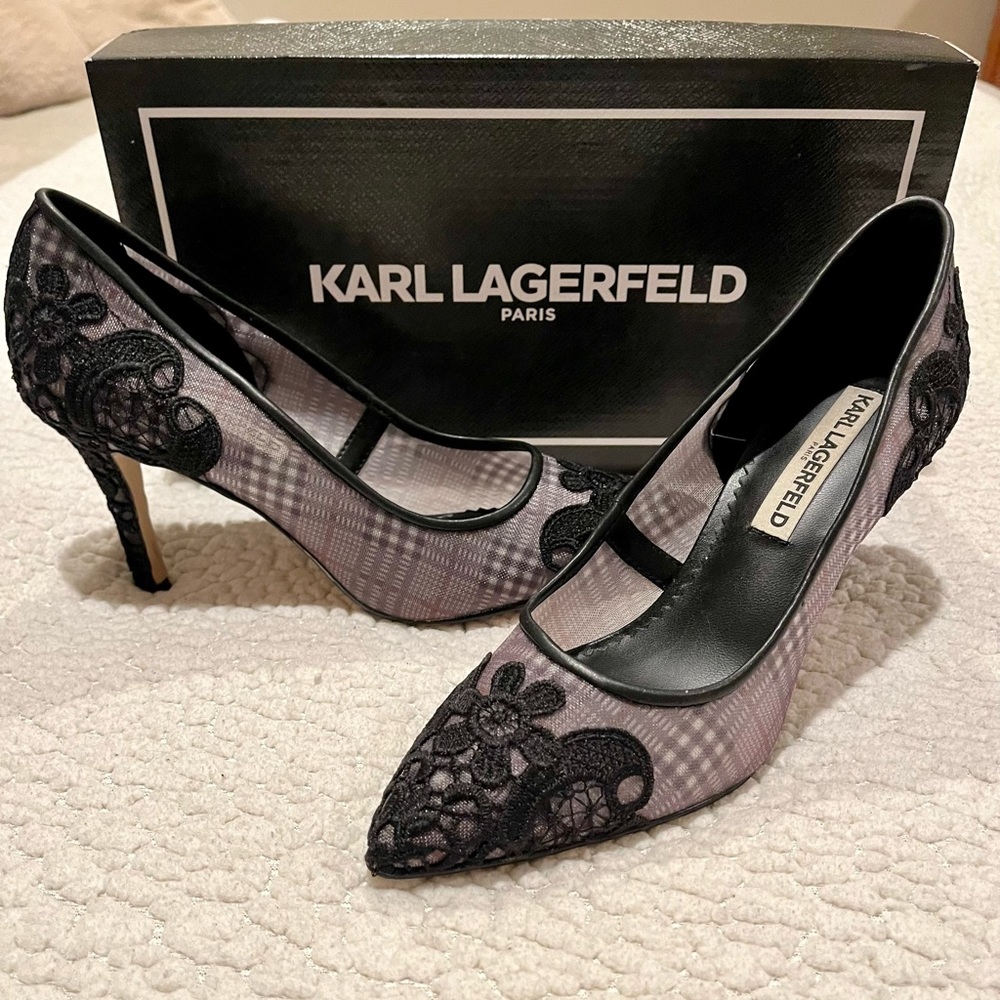 Black Lace Pumps, Karl Lagerfeld, Sz 7 gently worn. Plaid mesh w/lace overlay